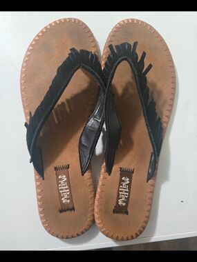 Mad Love Black Fringe Leather Thong Sandals for Women